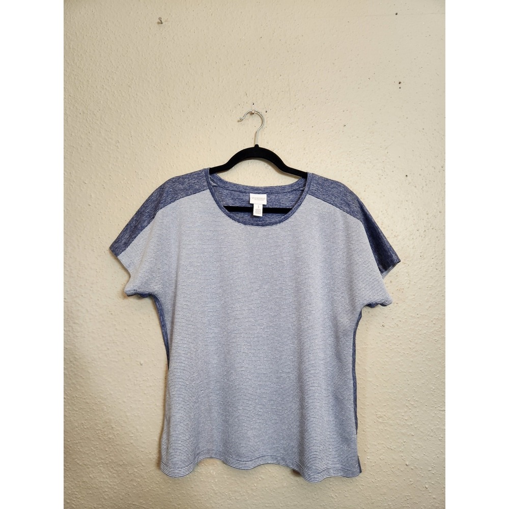 Chicos Weekends Top Blue White Women Medium Dolman Stripe Knit Short Sleeve